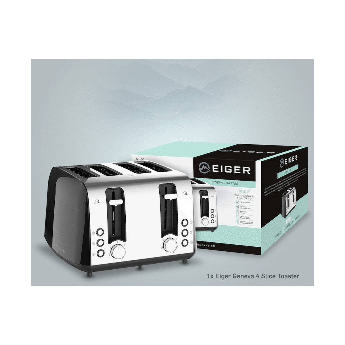 EIGER GENEVA 4 SLICE STAINLESS STEEL TOASTER - BLACK