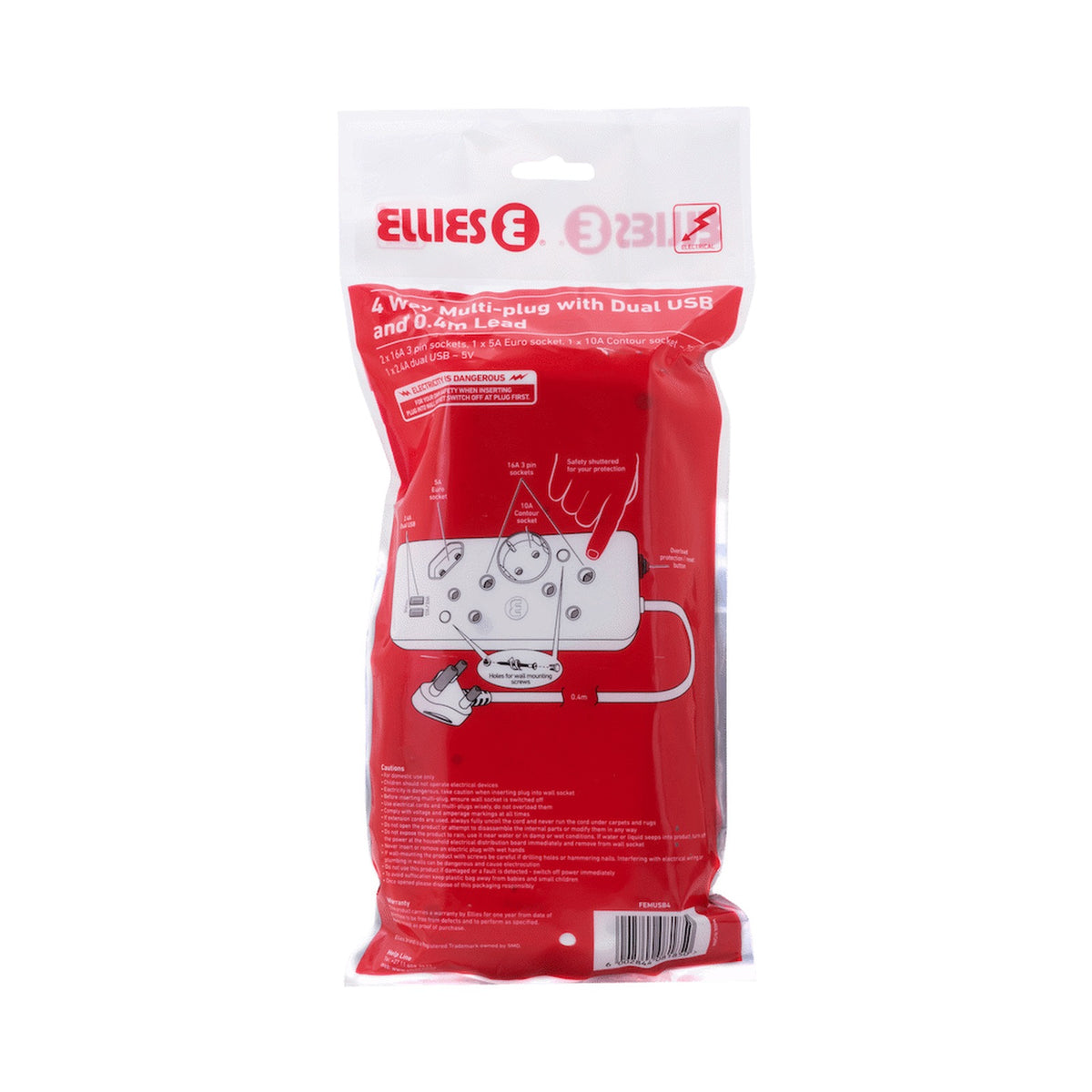 Ellies 4-Way Multiplug - 2 x USB 2.4a - 0.4m