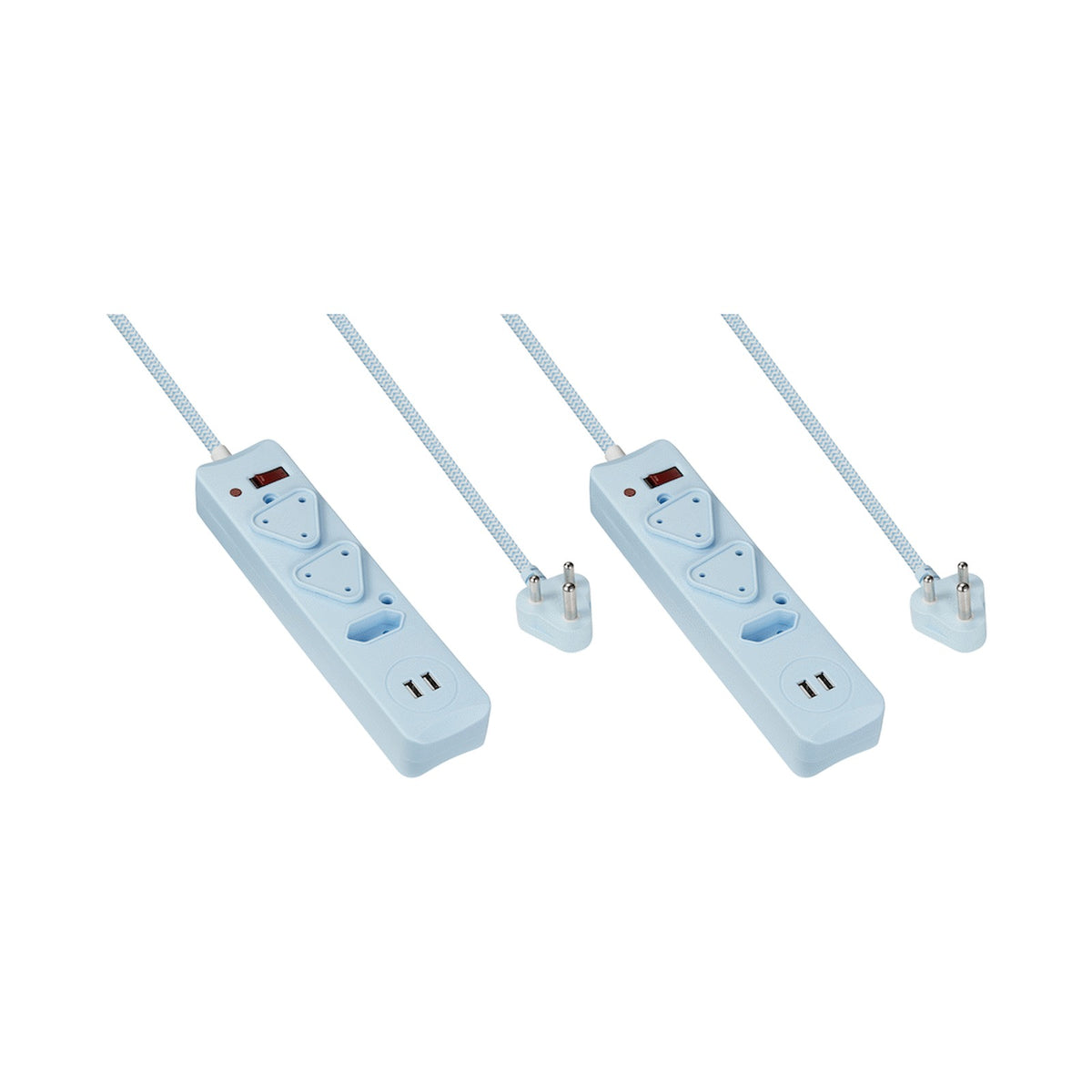 2x 3-Way Surge Multiplug with Dual USB Ports Blue - 0.5m