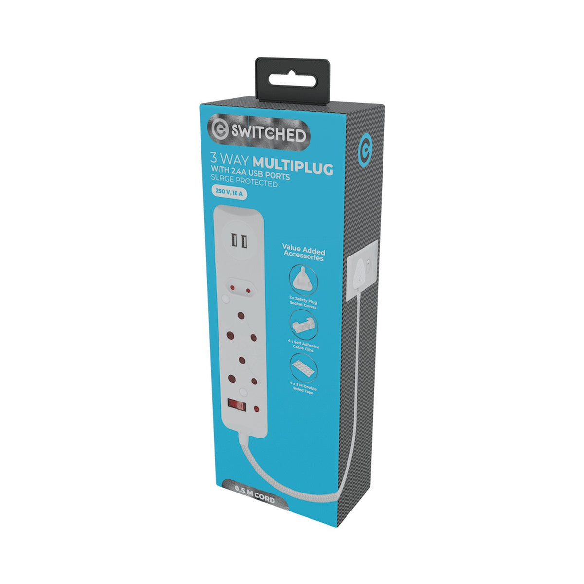 SWITCHED 3 Way Medium Surge Protected Multiplug with Dual 2.4A USB Ports 0.5M Braided Cord White
