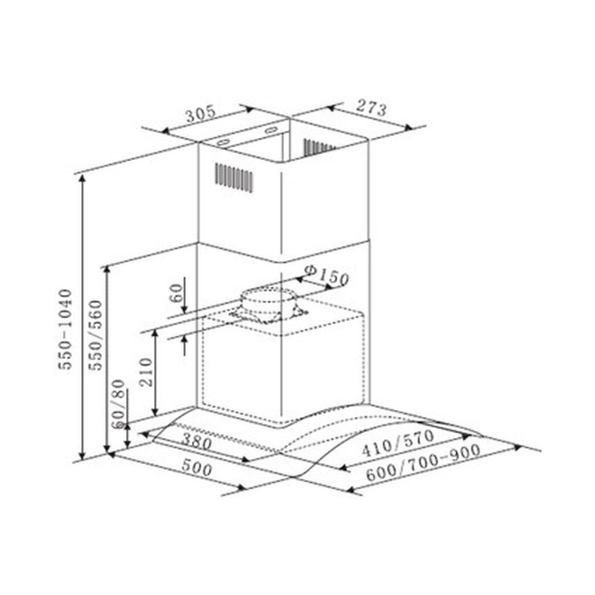 Falco 90Cm Curved Glass S/Steel Chimney Extractor FAL-90-38SG