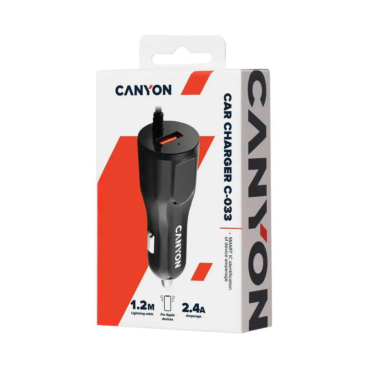 CANYON car charger C-033 2.4A/USB-A built-in Lightning Black CNE-CCA033B-US