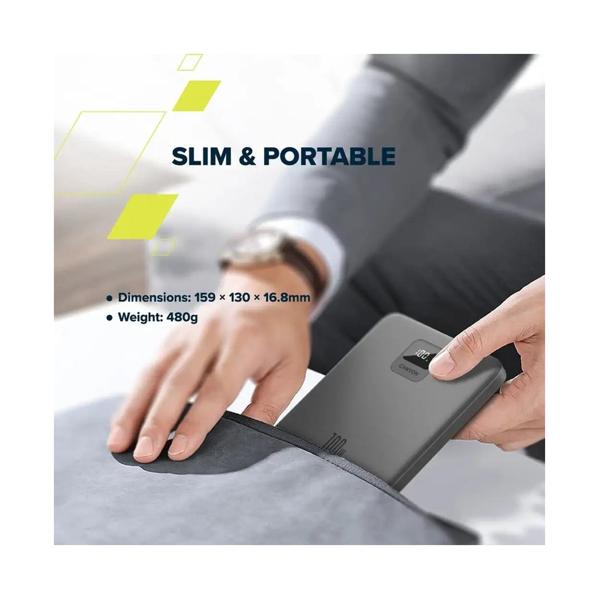 CANYON power bank PB-2008 LED FLAT 20000 mAh PD100W QC3.0 Dark Grey CNE-CPB2008DG