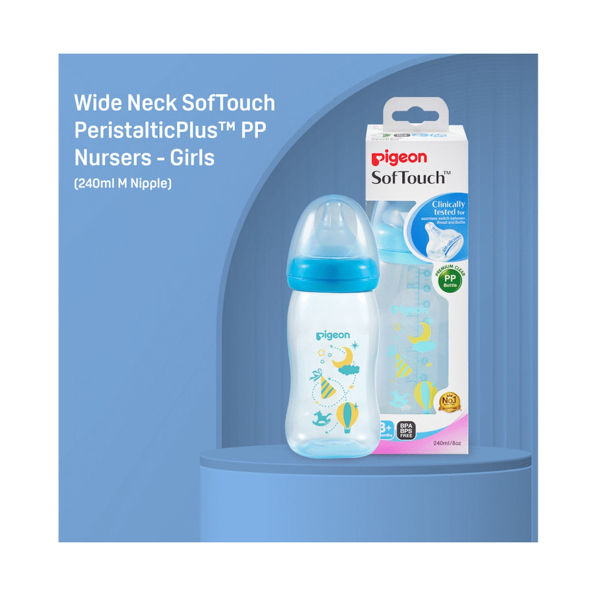 Pigeon Peristaltic Plus PP Bottle 240ml (M Hole) - Blue