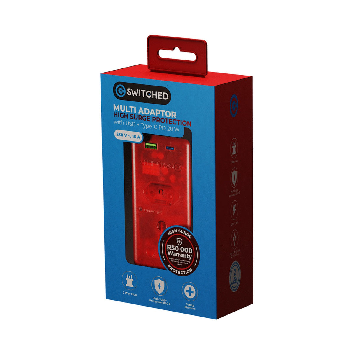 Switched High Surge Multi Adaptor with USB + Type-C PD20W