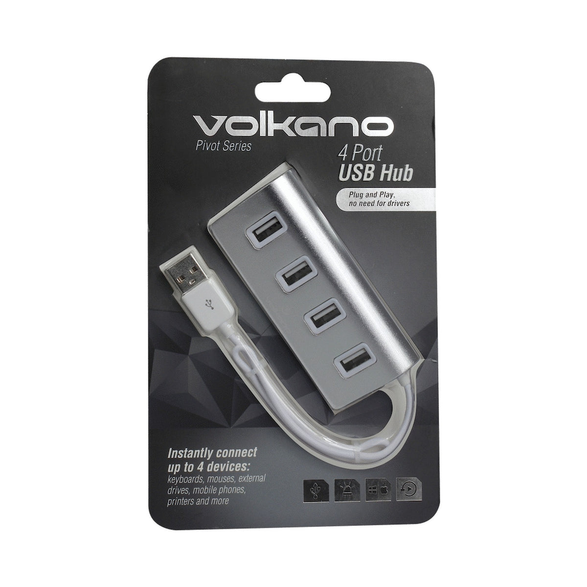 Volkano Pivot series 4 port USB Hub - silver