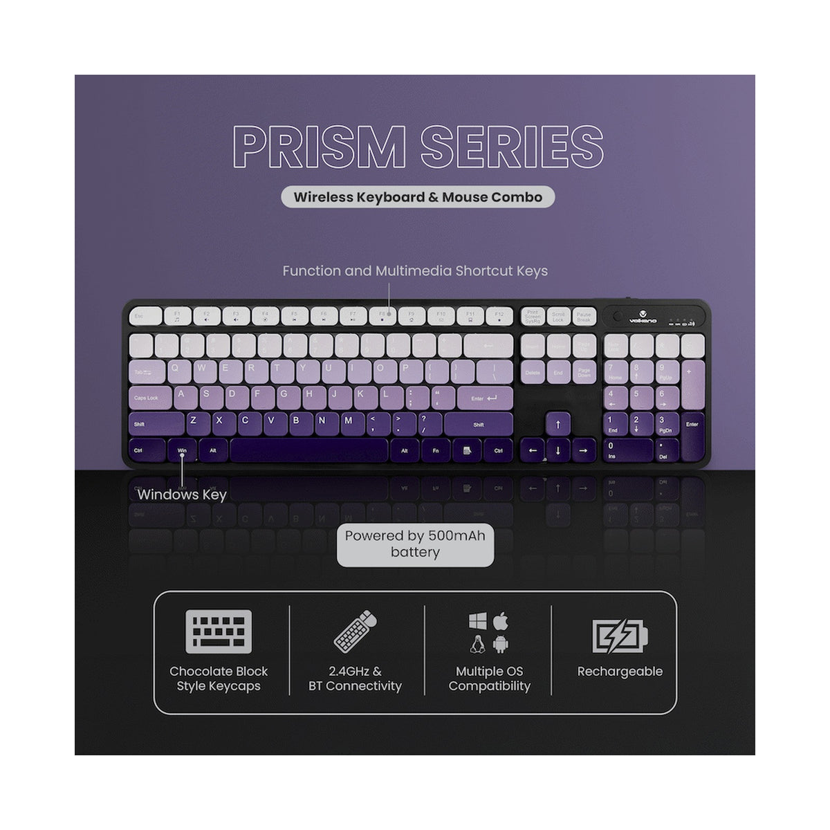 Volkano Prism Series Bluetooth Wireless Keyboard and Mouse - Purple