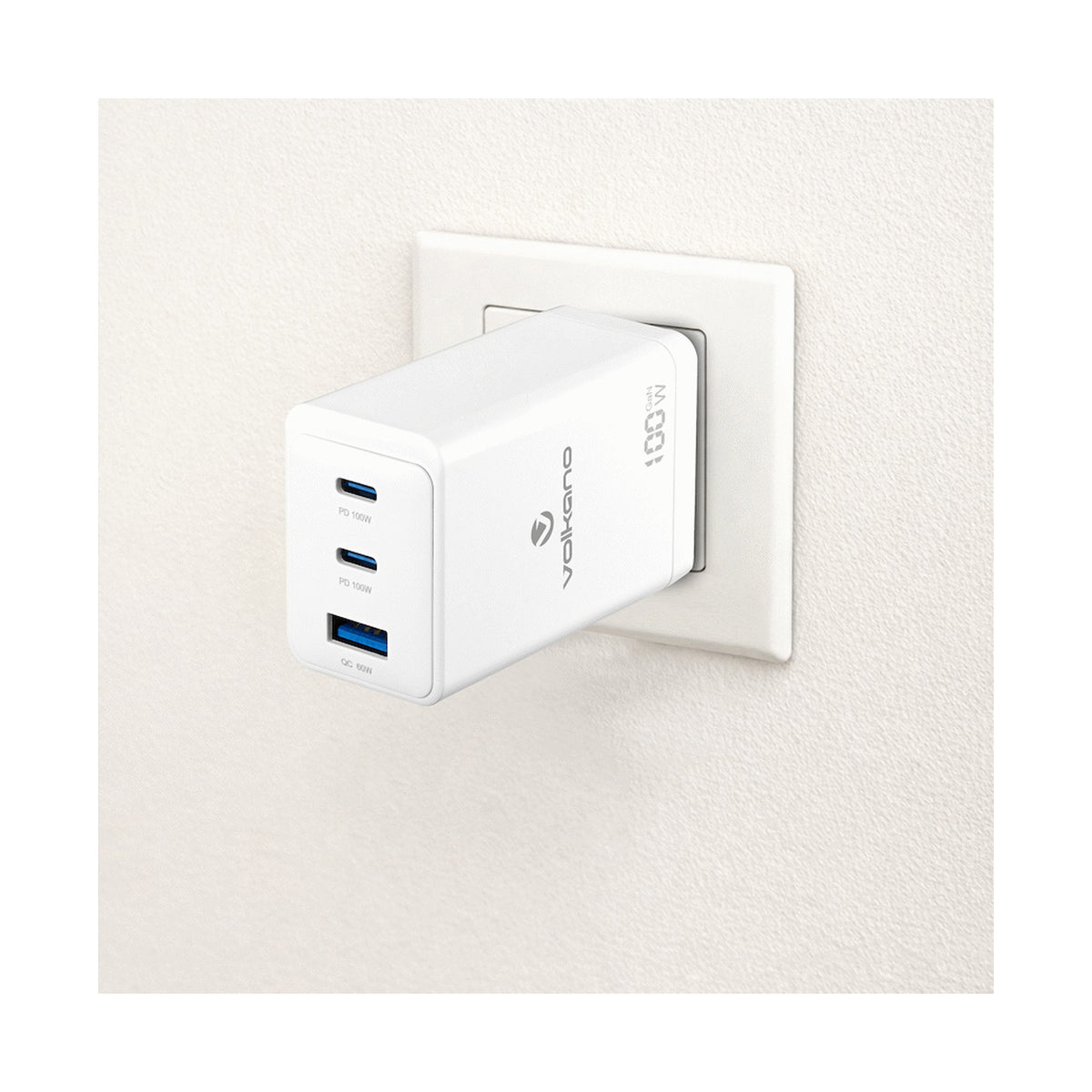 Volkano WattPro Series Triple Port 100W GaN Wall Charger - White