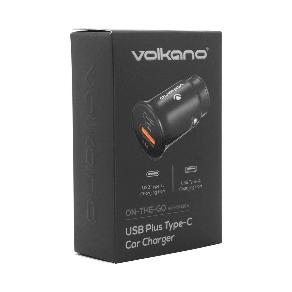 Volkano On-The-Go USB + Type-C 12w Car Charger - Black