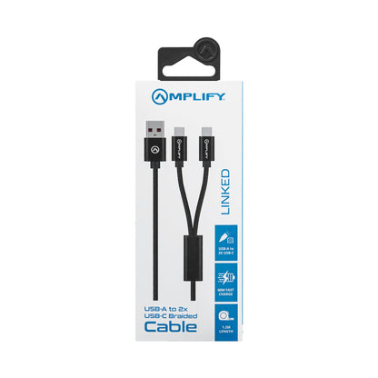 Amplify Linked Series USB to 2 x USB-C Braided Cable 60W 1.2m - Black