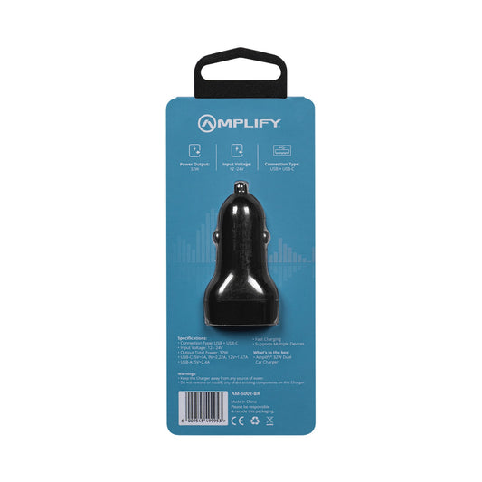 Amplify Volto Series Dual Car Charger 32W (Type-C + USB) - Black