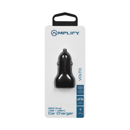 Amplify Volto Series Dual Car Charger 32W (Type-C + USB) - Black