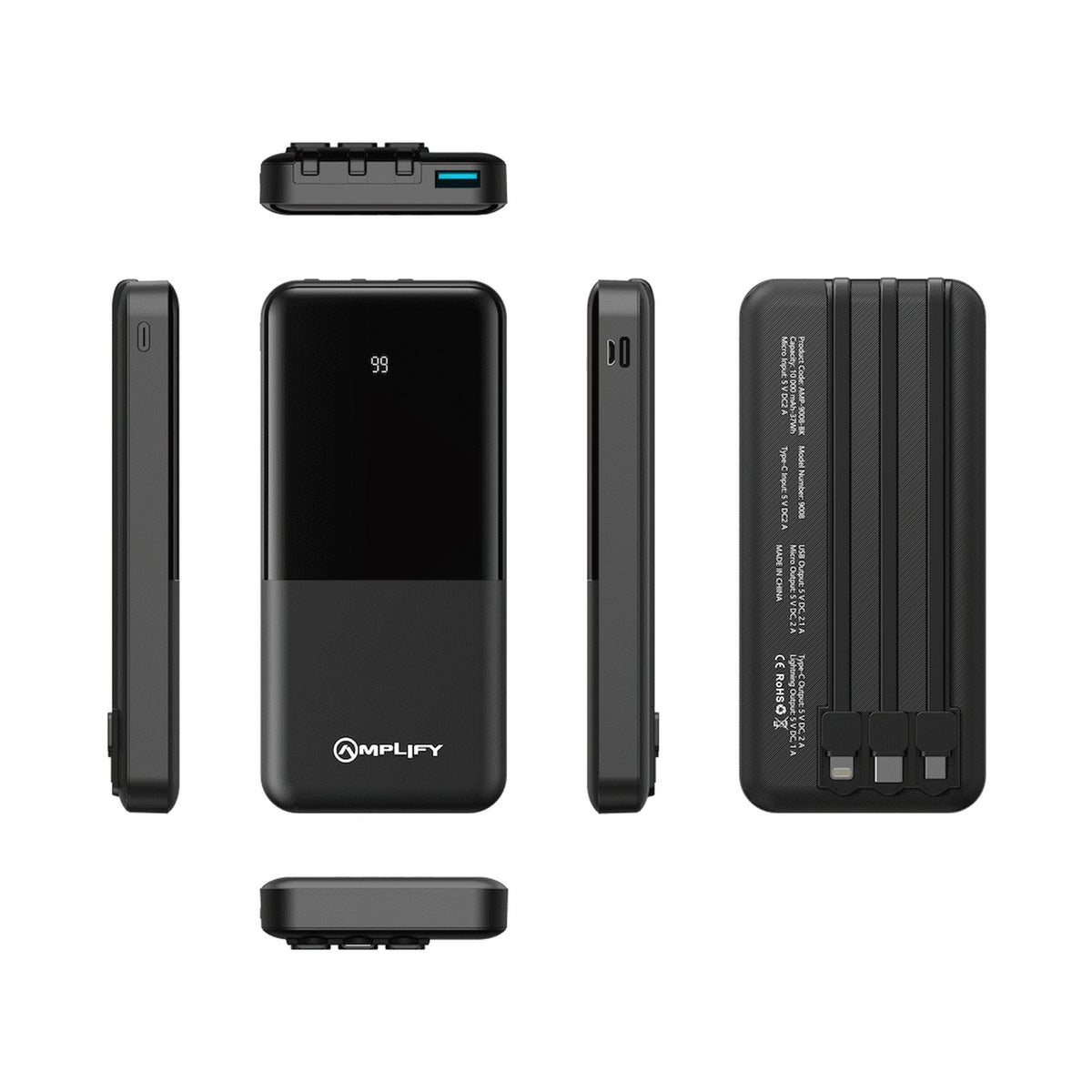 Amplify 10000mAh Power Bank with Integrated Cables - Black