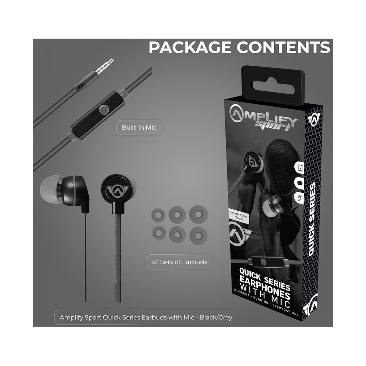 Amplify Sport Quick Series Earbuds with Mic - Black/Grey