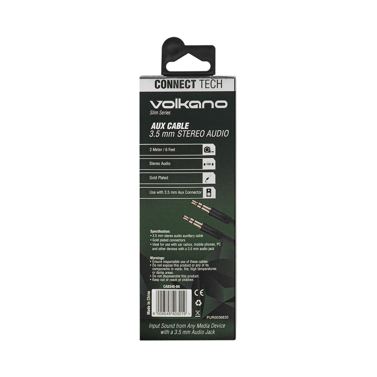 Volkano Slim Series Aux Cable 2m - Black