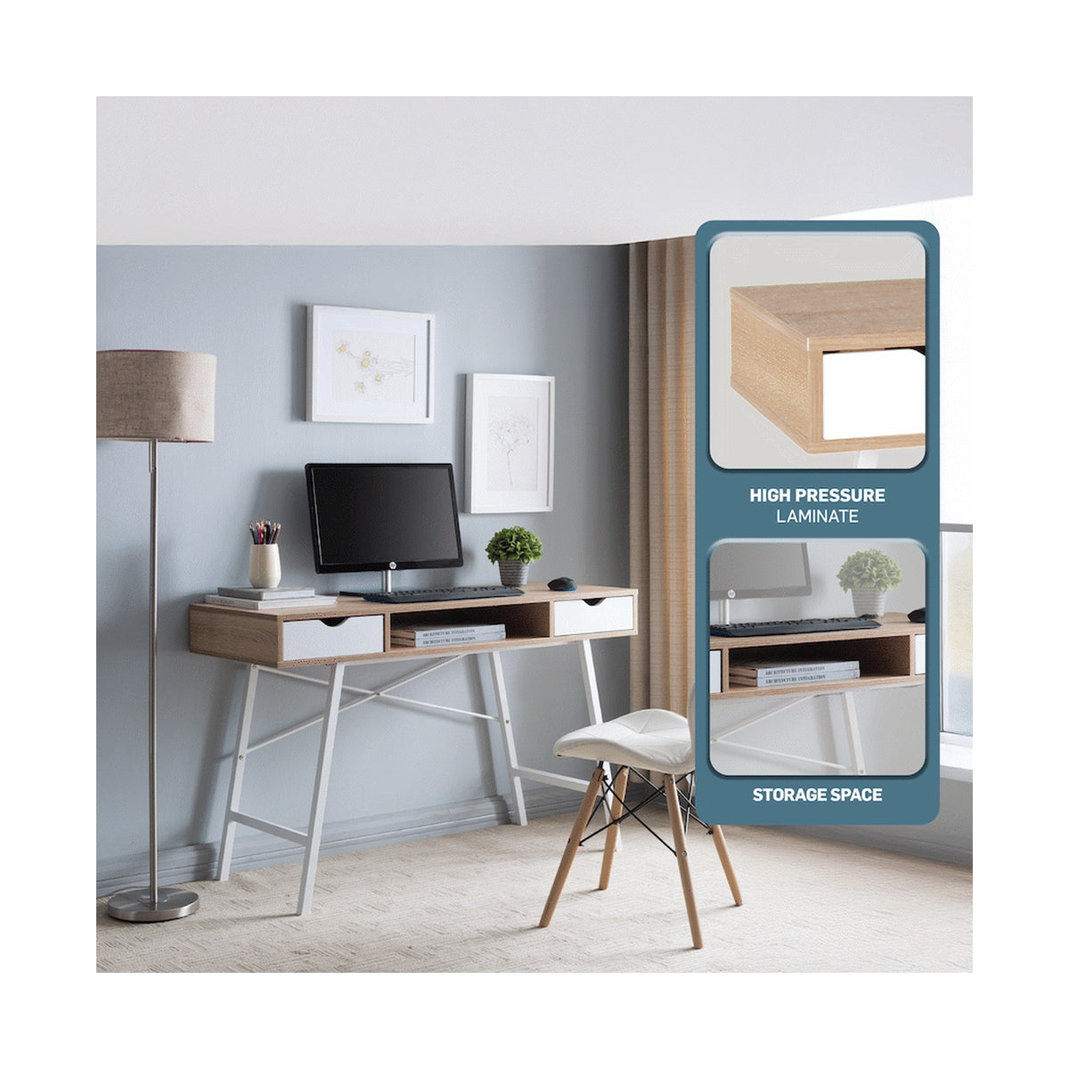 Everfurn Rain Work Desk - Study Desk with Two Drawers, Steel Frame, Adjustable Feet