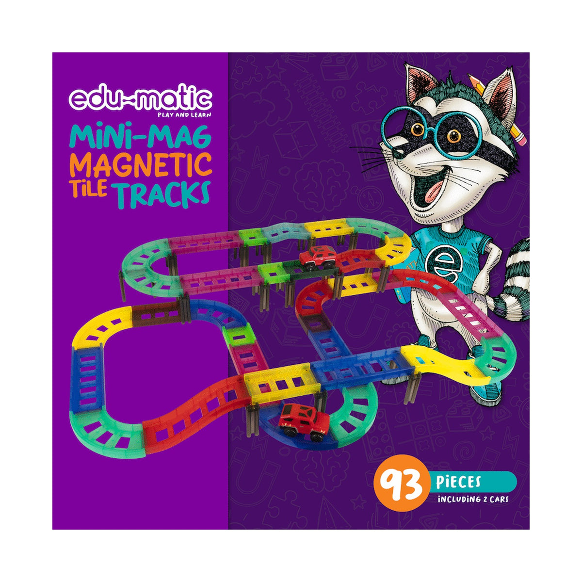 Edu-Matic Mini-Mag Magnetic Tile Tracks with 2 Cars and 93 Pieces