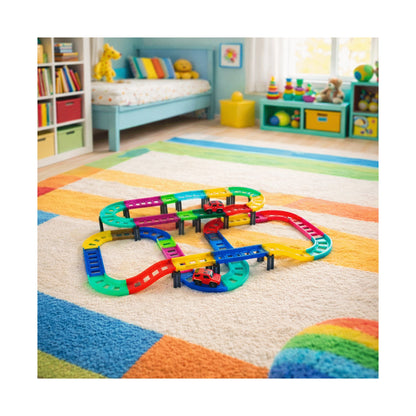 Edu-Matic Mini-Mag Magnetic Tile Tracks with 2 Cars and 93 Pieces
