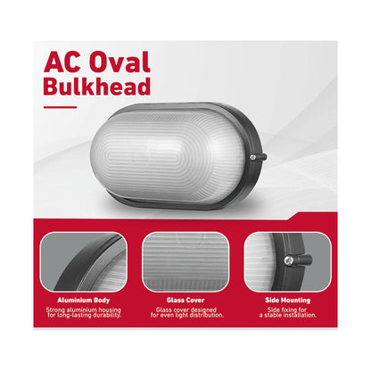 Ellies Illume Series - AC Oval Bulkhead - Aluminium + Glass - E27 Base - BK