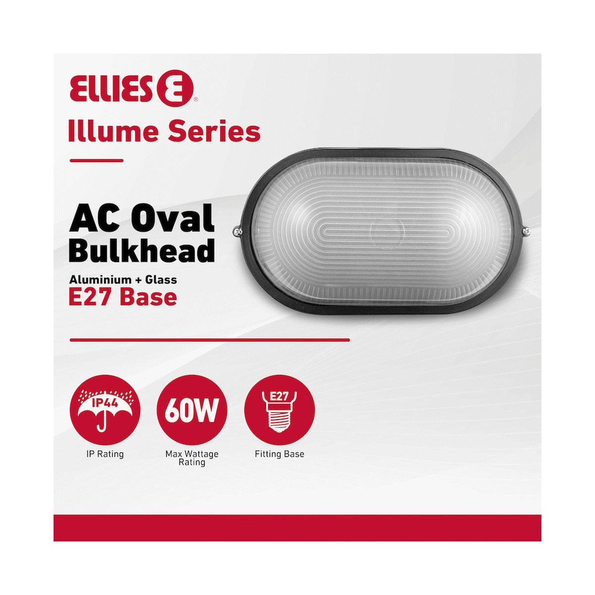 Ellies Illume Series - AC Oval Bulkhead - Aluminium + Glass - E27 Base - BK