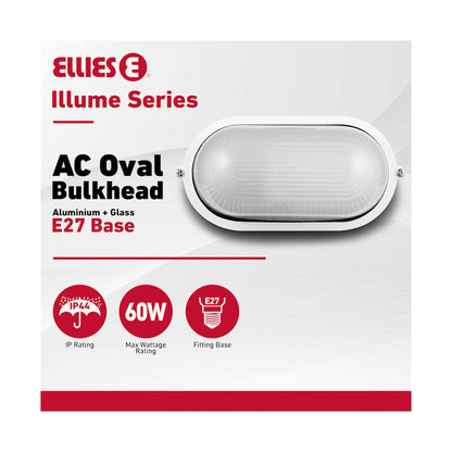 Ellies Illume Series - AC Oval Bulkhead - Aluminium + Glass - E27 Base - WT