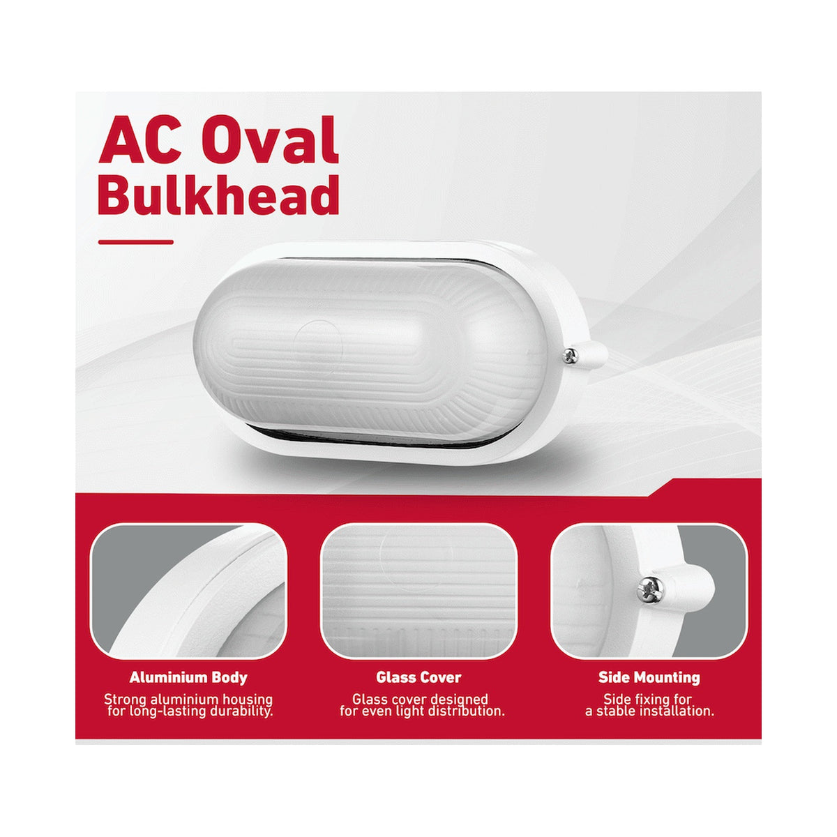 Ellies Illume Series - AC Oval Bulkhead - Aluminium + Glass - E27 Base - WT