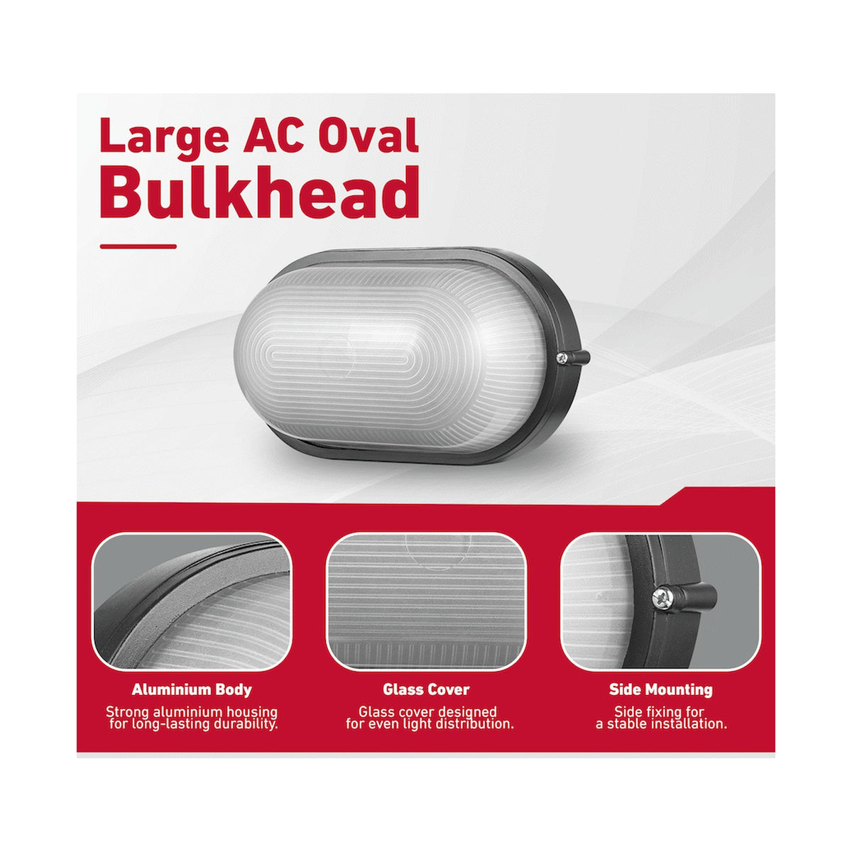 Ellies Illume Series - Large AC Oval Bulkhead - Aluminium  + Glass - E27 Base -BK