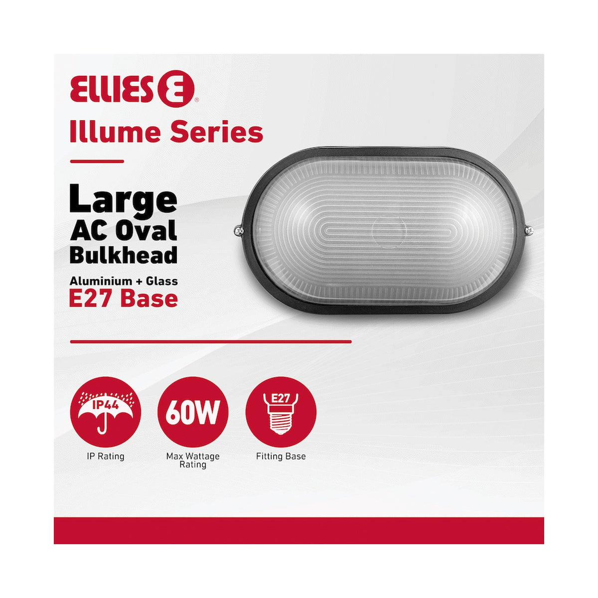 Ellies Illume Series - Large AC Oval Bulkhead - Aluminium  + Glass - E27 Base -BK