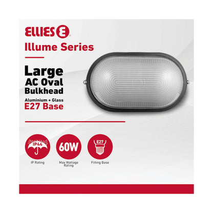 Ellies Illume Series - Large AC Oval Bulkhead - Aluminium  + Glass - E27 Base -BK