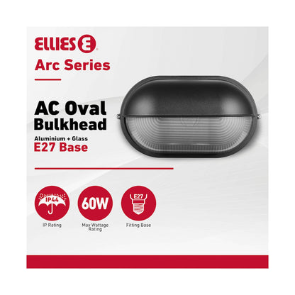 Ellies Arc Series - AC Oval LED Bulkhead - Aluminium + Glass - E27 Base -BK