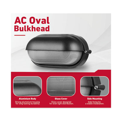 Ellies Arc Series - AC Oval LED Bulkhead - Aluminium + Glass - E27 Base -BK