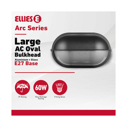 Ellies Arc Series - Large AC Oval Bulkheads - Aluminium + Glass - E27 Base -BK