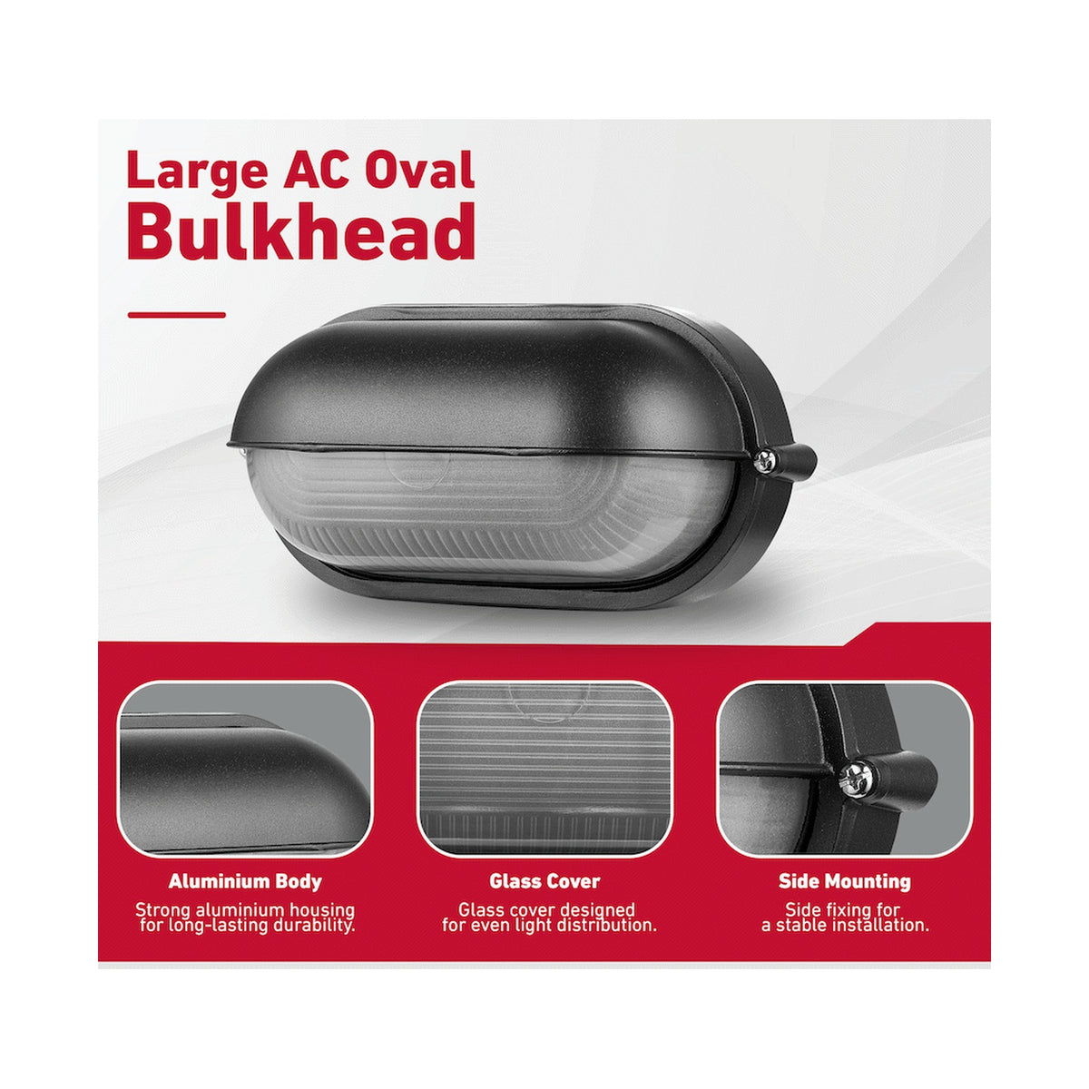Ellies Arc Series - Large AC Oval Bulkheads - Aluminium + Glass - E27 Base -BK