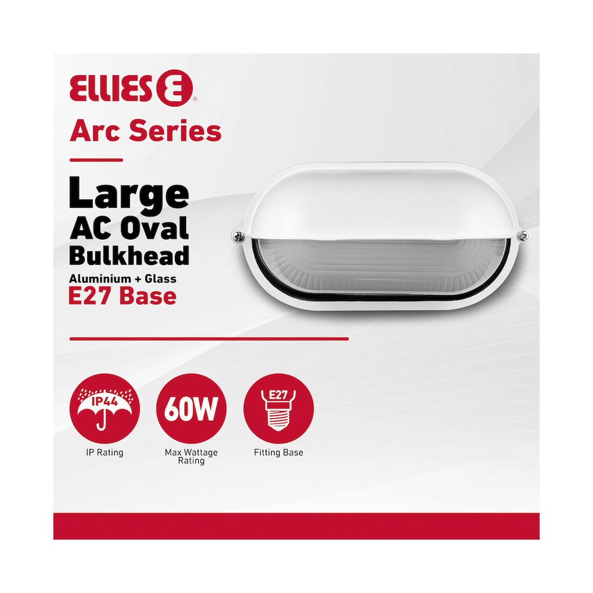 Ellies Arc Series - Large AC Oval Bulkhead - Aluminium + Glass - E27 Base -WT