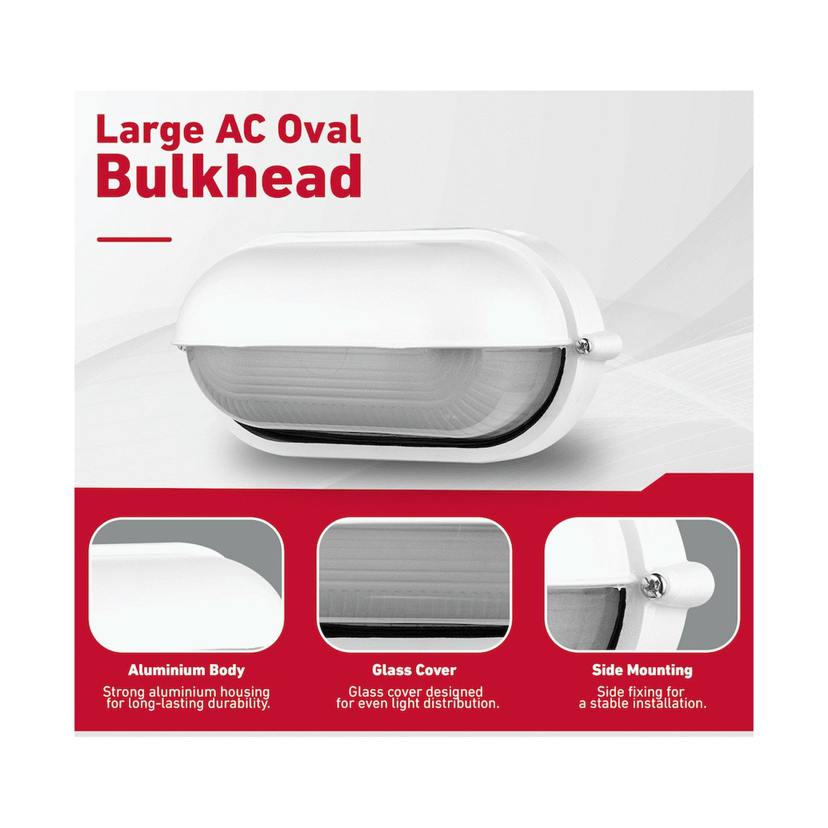 Ellies Arc Series - Large AC Oval Bulkhead - Aluminium + Glass - E27 Base -WT