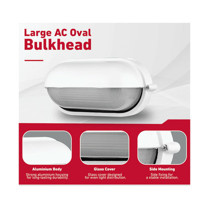 Ellies Arc Series - Large AC Oval Bulkhead - Aluminium + Glass - E27 Base -WT