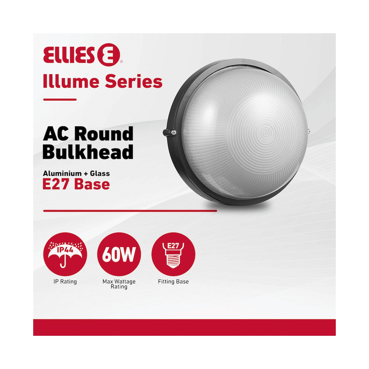 Ellies Illume Series - AC Round Bulkhead - Aluminium + Glass - E27 Base -BK