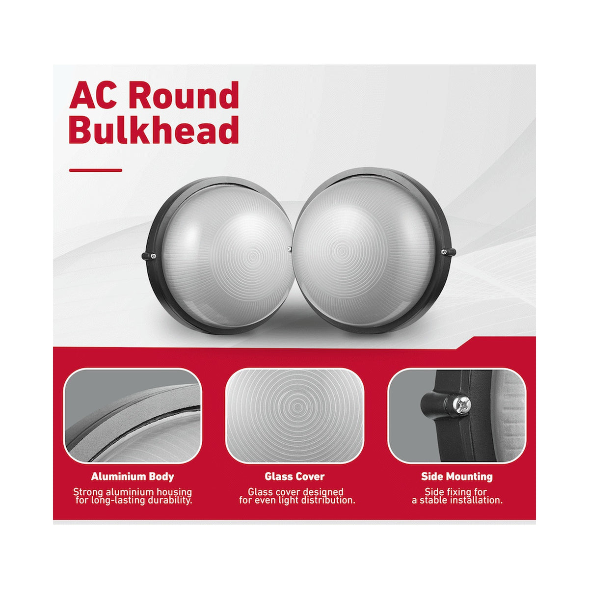 Ellies Illume Series - AC Round Bulkhead - Aluminium + Glass - E27 Base -BK