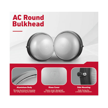 Ellies Illume Series - AC Round Bulkhead - Aluminium + Glass - E27 Base -BK
