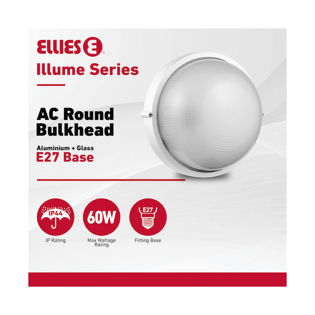 Ellies Illume Series - AC Round Bulkhead - Aluminium + Glass - E27 Base -WT