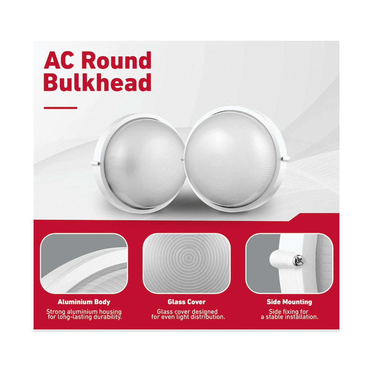 Ellies Illume Series - AC Round Bulkhead - Aluminium + Glass - E27 Base -WT