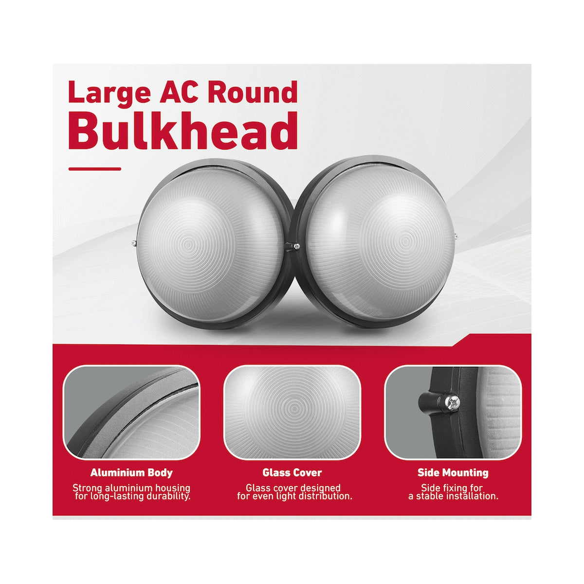 Ellies Illume Series - Large AC Round Bulkhead - Aluminium + Glass - E27 Base -BK