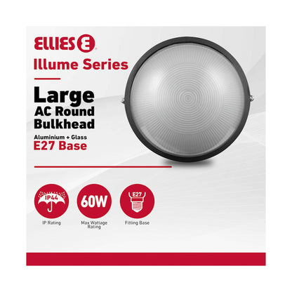 Ellies Illume Series - Large AC Round Bulkhead - Aluminium + Glass - E27 Base -BK