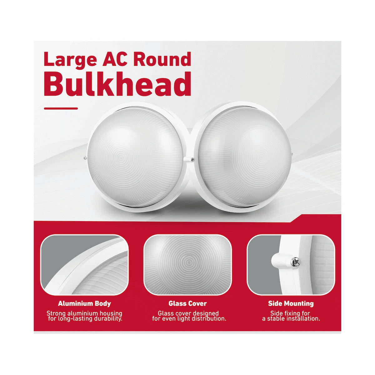 Ellies Illume Series - Large AC Round Bulkhead - Aluminium + Glass - E27 Base -WT