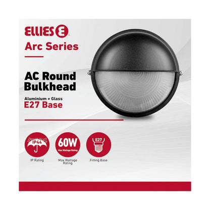Ellies Arc Series - AC Round Bulkhead - Aluminium + Glass - E27 Base -BK