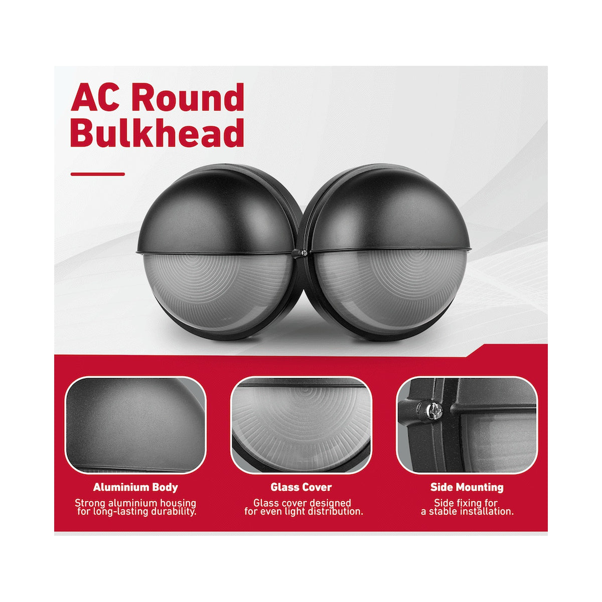 Ellies Arc Series - AC Round Bulkhead - Aluminium + Glass - E27 Base -BK