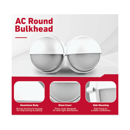 Ellies Arc Series - AC Round Bulkhead - Aluminium + Glass - E27 Base -WT
