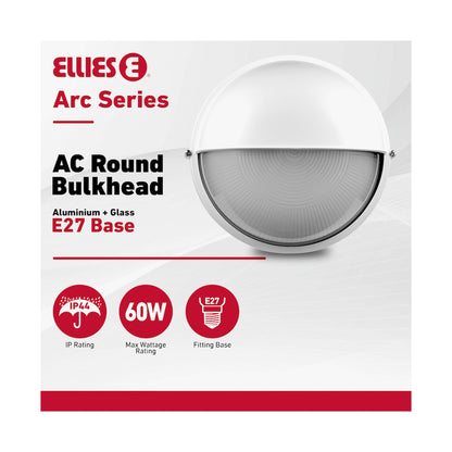 Ellies Arc Series - AC Round Bulkhead - Aluminium + Glass - E27 Base -WT