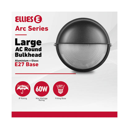 Ellies Arc Series - Large AC Round Bulkhead - Aluminium + Glass - E27 Base -BK