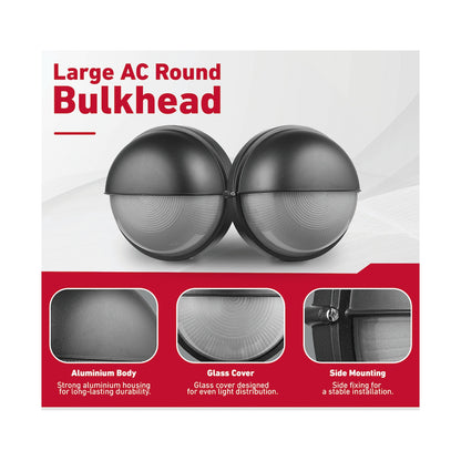Ellies Arc Series - Large AC Round Bulkhead - Aluminium + Glass - E27 Base -BK